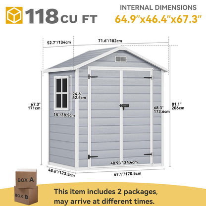 DWVO 6x4.4 FT Resin Storage Shed with Reinforced Floor, Outdoor Storage Shed with Lockable Door, Window and Vents, Waterproof Plastic Tool Storage for Garden, Backyard, Patio, Lawn