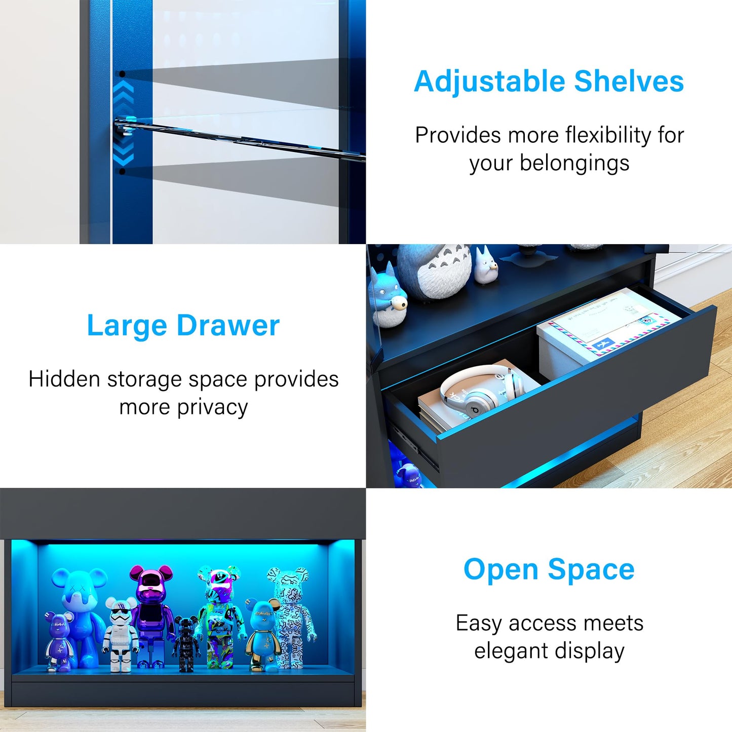 kepptory 5-Tier Glass Display Cabinet with Drawer and Glass Doors, Curio Cabinet with Pegboard and Adjustable Shelves, LED Display Case for Collectibles Gaming Liquor(31.5" W)