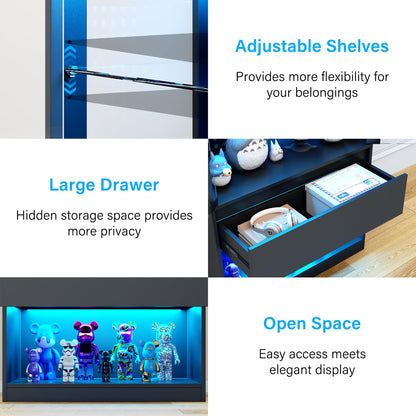 kepptory 5-Tier Glass Display Cabinet with Drawer and Glass Doors, Curio Cabinet with Pegboard and Adjustable Shelves, LED Display Case for Collectibles Gaming Liquor(31.5" W)