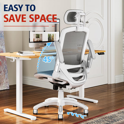 GABRYLLY Ergonomic Office Chair, High Back Home Desk Chair with Headrest, Flip-Up Arms, 90-120° Tilt Lock and Wide Cushion, 300LBS Mesh Chairs for Man Woman, White Task Chair(Dark Grey,GY01WDG)