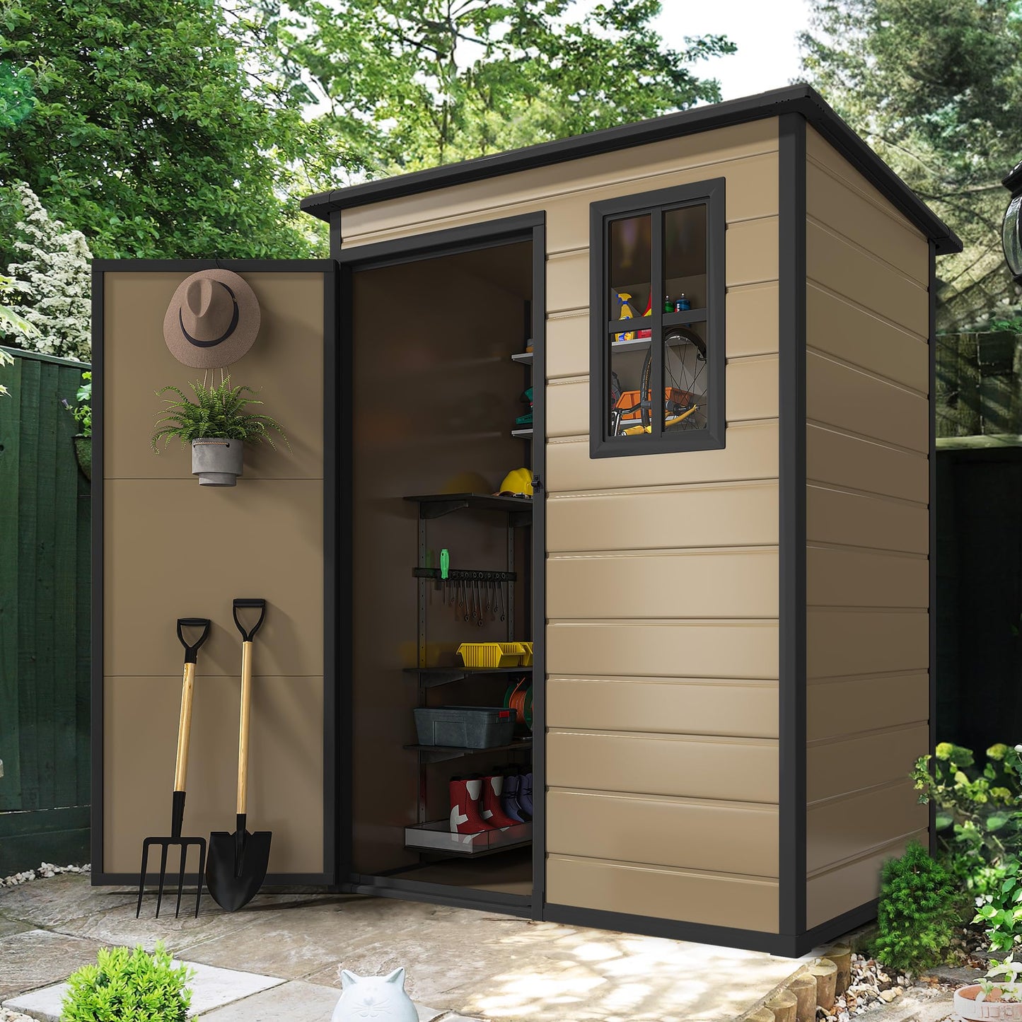 DWVO 5x3ft Resin Outdoor Storage Shed with Floor, Waterproof Lockable Storage Shed with Window, Plastic Outside Tool Storage for Garden Backyard Patio Lawn