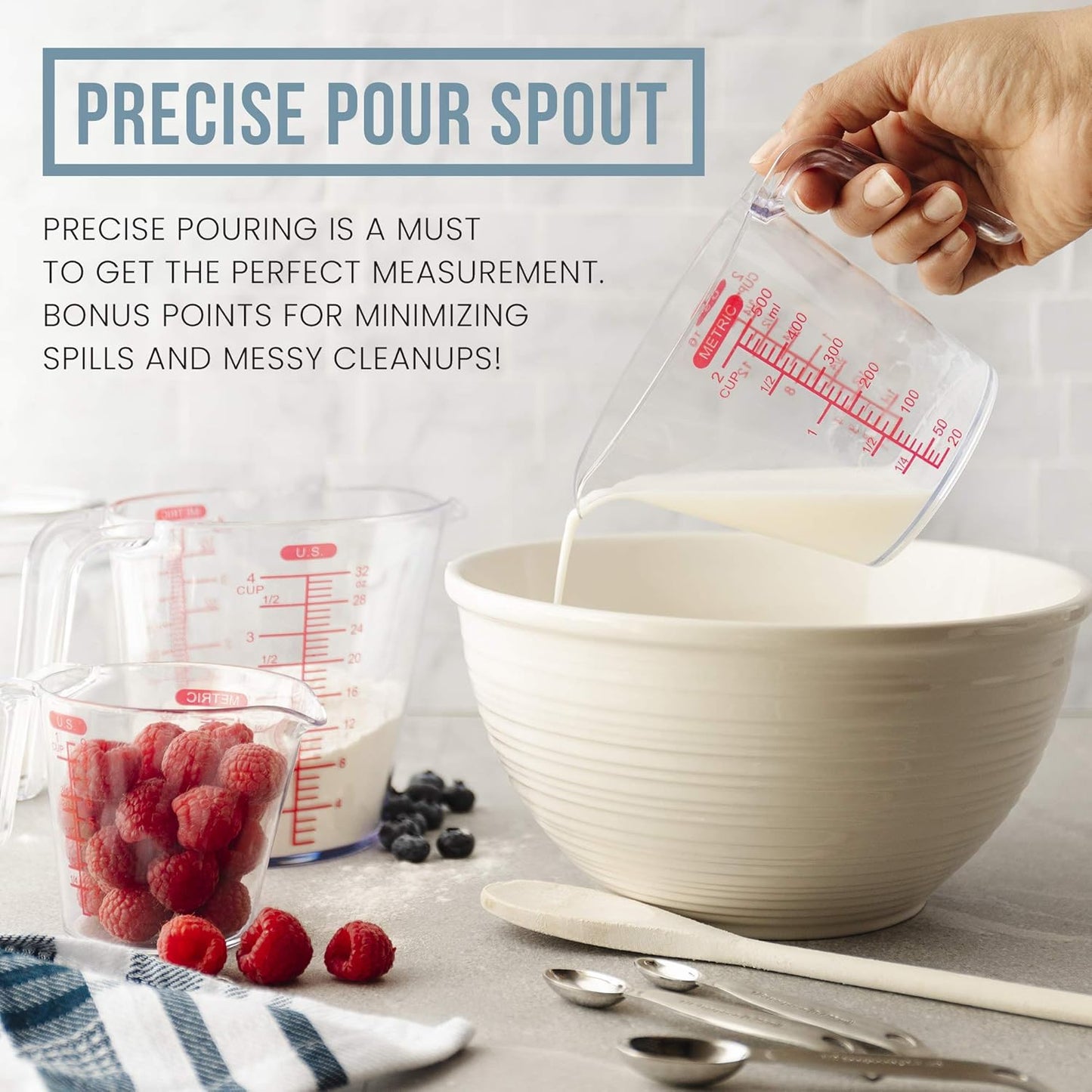 Chef Pomodoro 3-Piece Liquid Measuring Cups Set - Includes 1, 2, and 4 Cup, BPA-Free Plastic, Stackable Nesting