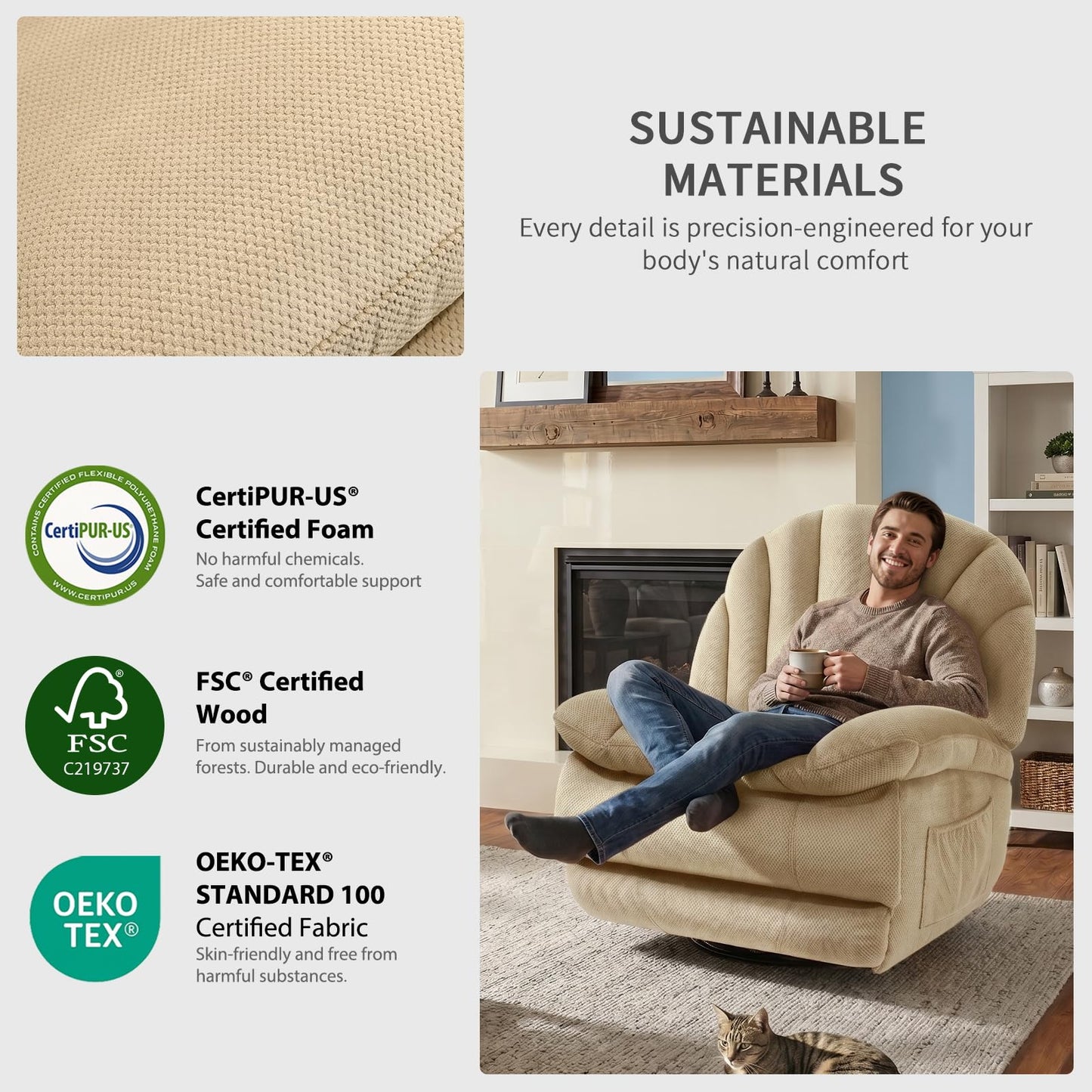 EONIX Dual Motor Power Swivel Rocking Recliner Chair for Living Room, Armless Oversized Shell Shape Lazy Boy Rocker Recliner, Plush Fabric Thickened Cushion, Elevated Soft and Comfort, Beige