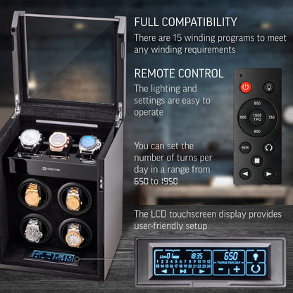 TIMECUBE Watch Winder for 4 Watches with 15 Winding Programs and 3 Watch Storage Slots (Black)