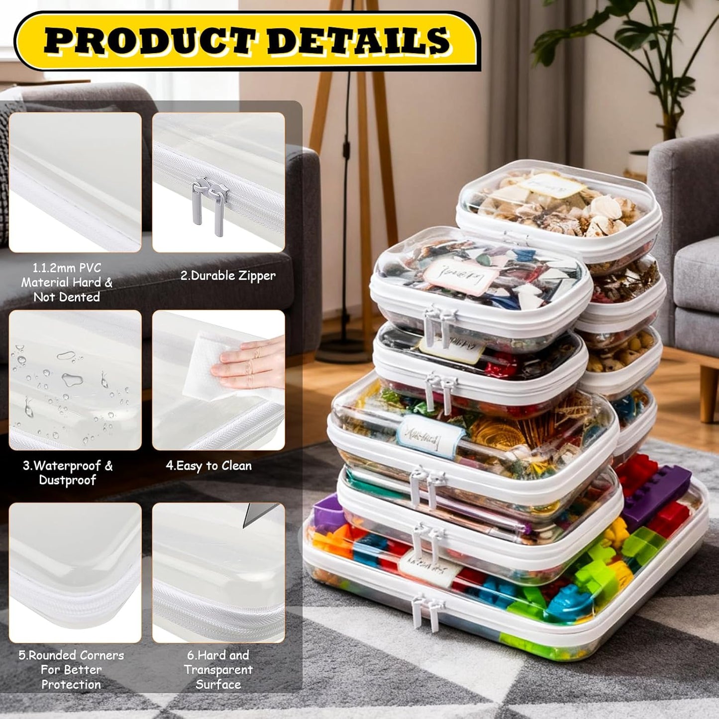 9 Pack Storage(L,2S,6Mini) Clear Hard Shell Zipper Case,Waterproof Toiletry Cosmetic Bag,Toy Organizers and Storage