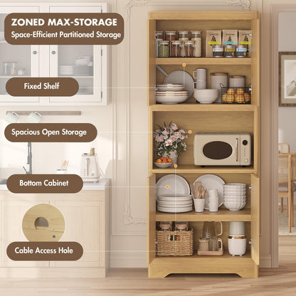 GarveeHome 72" Tall Pantry Cabinet with Carved Door, Kitchen Storage Cabinet with Shelf for Microwave, Freestanding Wooden Cupboard with Crystal Handle, for Dining Living Room, Light Oak