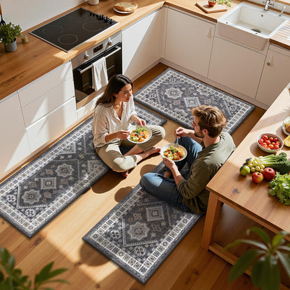 HEBE Boho Kitchen Rug Sets 3 Piece with Runner Non Slip Kitchen Rugs and Mats Washable Kitchen Mats for Floor Thick Kitchen Floor Mat Carpet Runner Rugs for Hallway Laundry Holiday Decor
