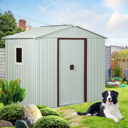 Favfurish 8 x 4 FT Outdoor Storage Shed with Side Window, Metal Garden Shed w/Sliding Doors & Lock, Floor Base and Air Vents, Utility Tool Storage House for Backyard Lawn, White