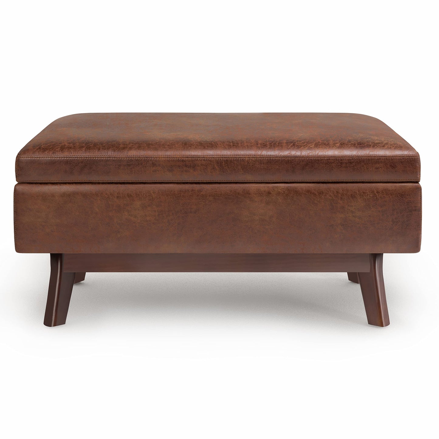 SIMPLIHOME Owen Small Rectangular Storage Ottoman - 36 inch Wide Upholstered Vegan Leather Lift-Top Ottoman in Distressed Saddle Brown, Mid-Century Modern Ottoman for Living Room with Tufted Detail