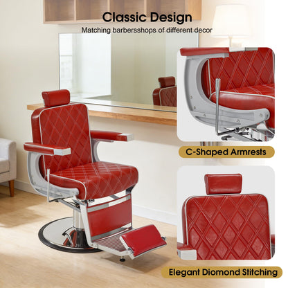 BarberPub Heavy Duty Metal Vintage Barber Chair All Purpose Hydraulic Recline Salon Beauty Spa Shampoo Equipment 3825 (Red with White Stitches)