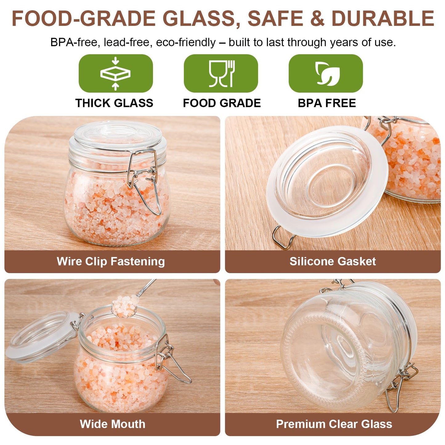 17oz Airtight Glass Jars, 6 Pack Clamp Lid Canisters, Small Food Storage Containers for Spices, Nuts, Snacks, Canning Jar for Jams & Pickling, Pantry Organization