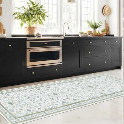 Hazo Haus Oushak 3x20 Wide Hallway Runner Rug - Vintage Turkish Floral Design | Washable, Non-Slip, 20ft Long in Blue and Green