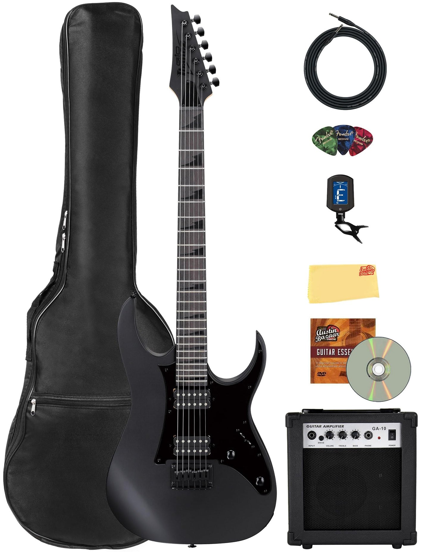 Ibanez GRGR131EX RG Gio Electric Guitar - Black Flat Bundle with Amplifier, Gig Bag, Tuner, Cable, Picks, Austin Bazaar Instructional DVD, and Polishing Cloth