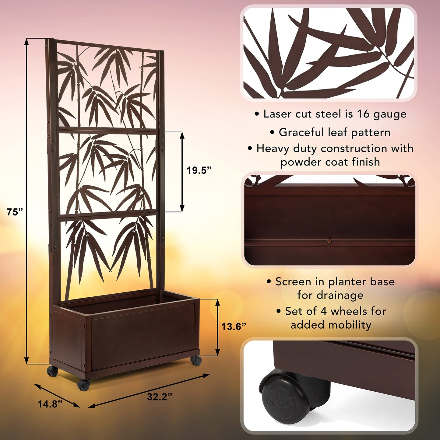 H Potter Trellis Planter with Wheels – 75" Freestanding Metal Privacy Screen Planter Box, Outdoor Indoor Garden Divider for Climbing Plants, Patio, Balcony, Deck