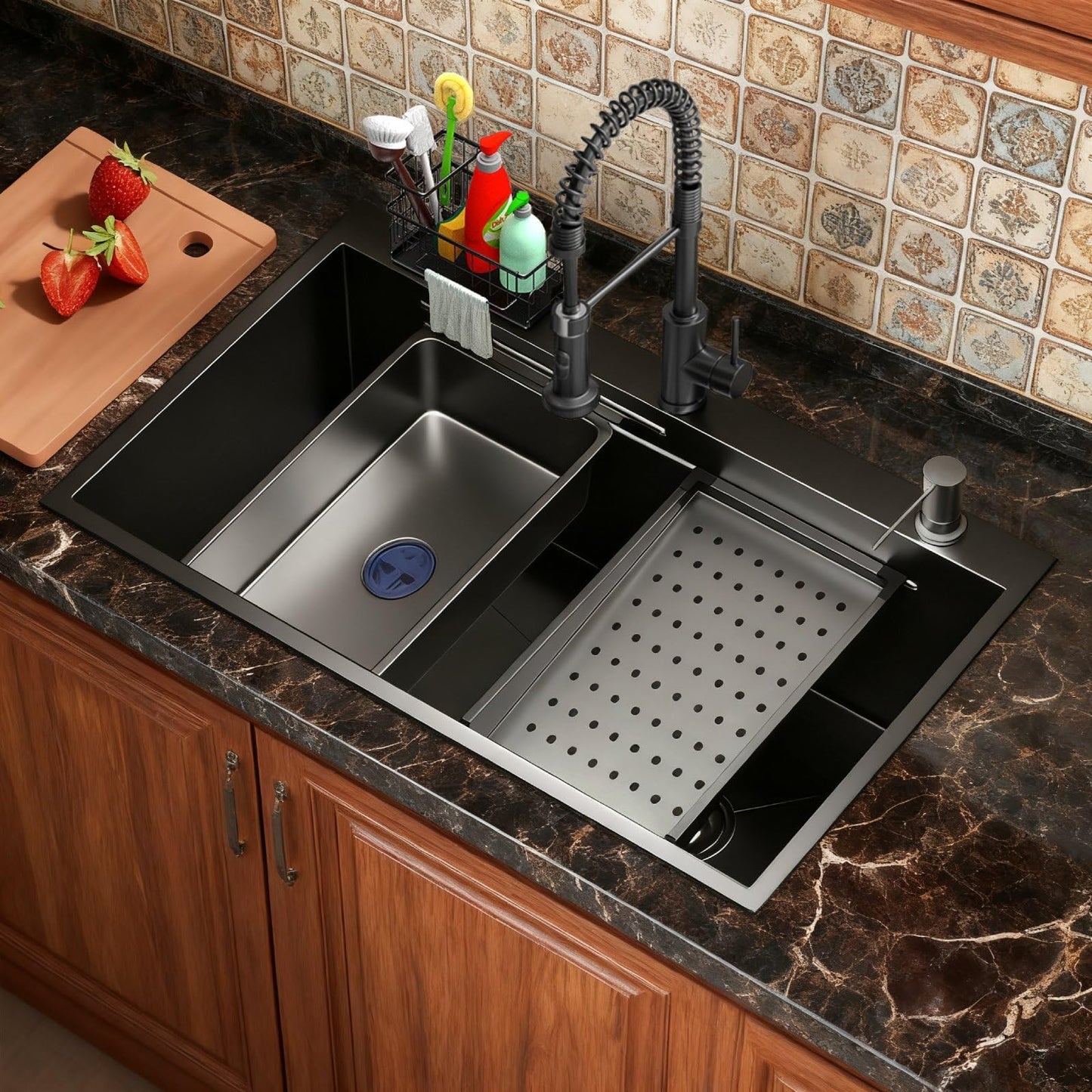 30 Inch Black Drop-In Stainless Steel Kitchen Sink: Single Bowl Deep Scratch Resistant 16 Gauge Workstation with Faucet & Accessories Combo for Family Kitchen