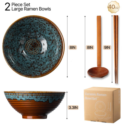 ArtifexCeram 8 Inch Ceramic Ramen Bowl Set of 2, 40oz Japanese Bowls with Spoons & Chopsticks,Durable,Microwave & Dishwasher Safe,Perfect for Ramen,Pho,Salad,Soup,Noodles，Mixing bowls（Verdigris Green）