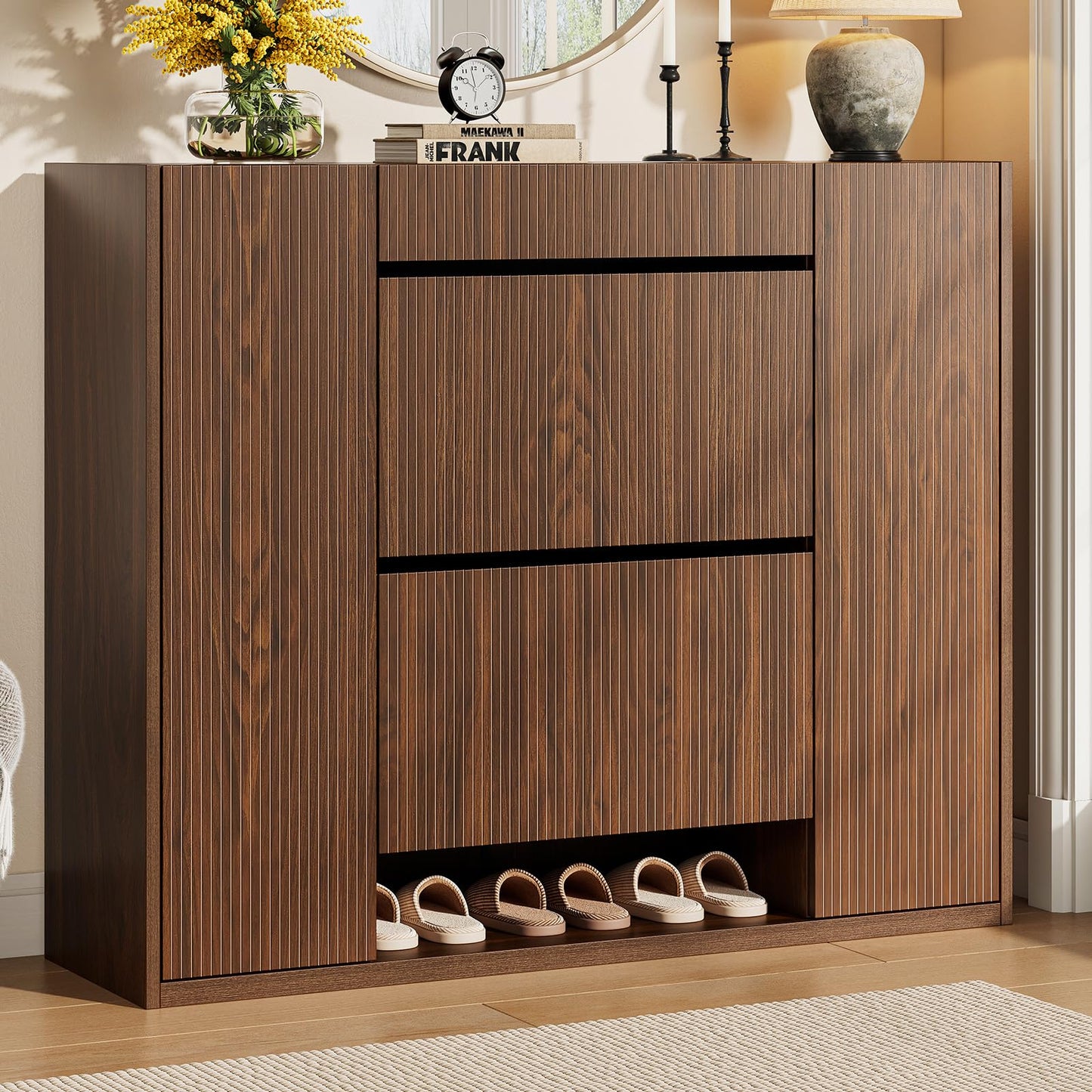 ONBRILL Large Shoe Cabinet with 2 Flip Drawers (3-Tier Each), 27-35 Pairs Shoe Organizer with Storage Drawer, 2 Doors & Open Shelf, 47.2'' Wide Shoe Storage Cabinet for Entryway Hallway (Walnut)