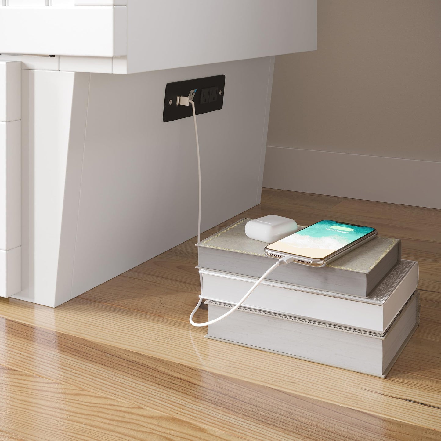 AFI, Sydney Twin Wood Murphy Bed Chest with 6" Mattress, Storage Drawer & Built-in USB Charger, White