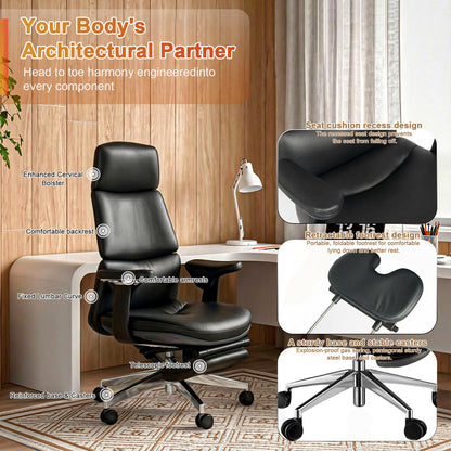 FurniBaron Genuine Leather Office Chair with Flexible Footrest, High Back Executive Office Chair with Lumbar Support, Adjustable Tilt Mechanism, Weight Capacity 400 lbs (Black)
