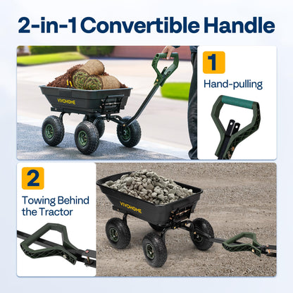 VIVOHOME 4 Cu.Ft 660lbs Wheelbarrow Garden Cart Dump Wagon with 2-in-1 Convertible Handle Attach to ATV or Tractor, 10" All Terrain Wheels, Quick Release System, Heavy Duty Utility Trailer for Yard