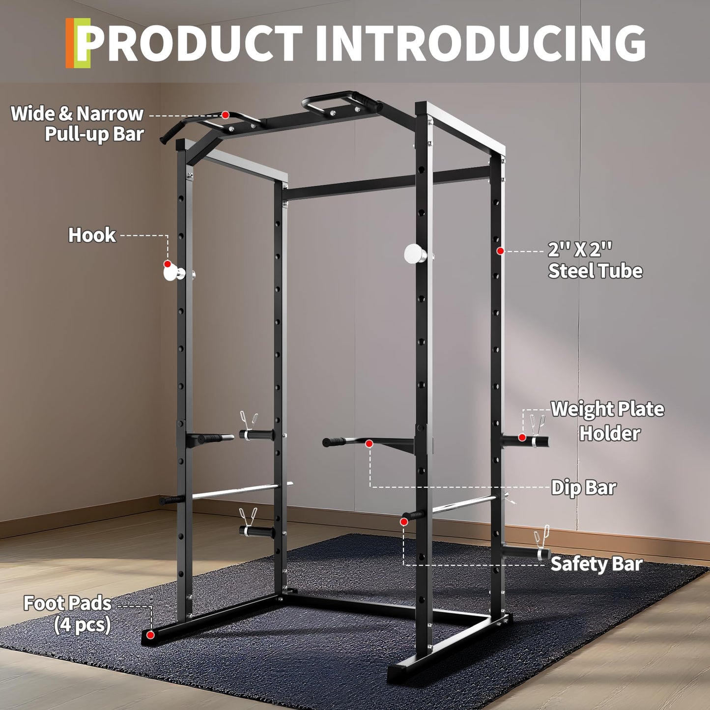 Garvee Power Cage, Squat Rack for Home Gym, 1100LB Capacity Power Rack with Pull-Up Bar, Adjustable Safety Bars, Strength Training for Home Gym, Black