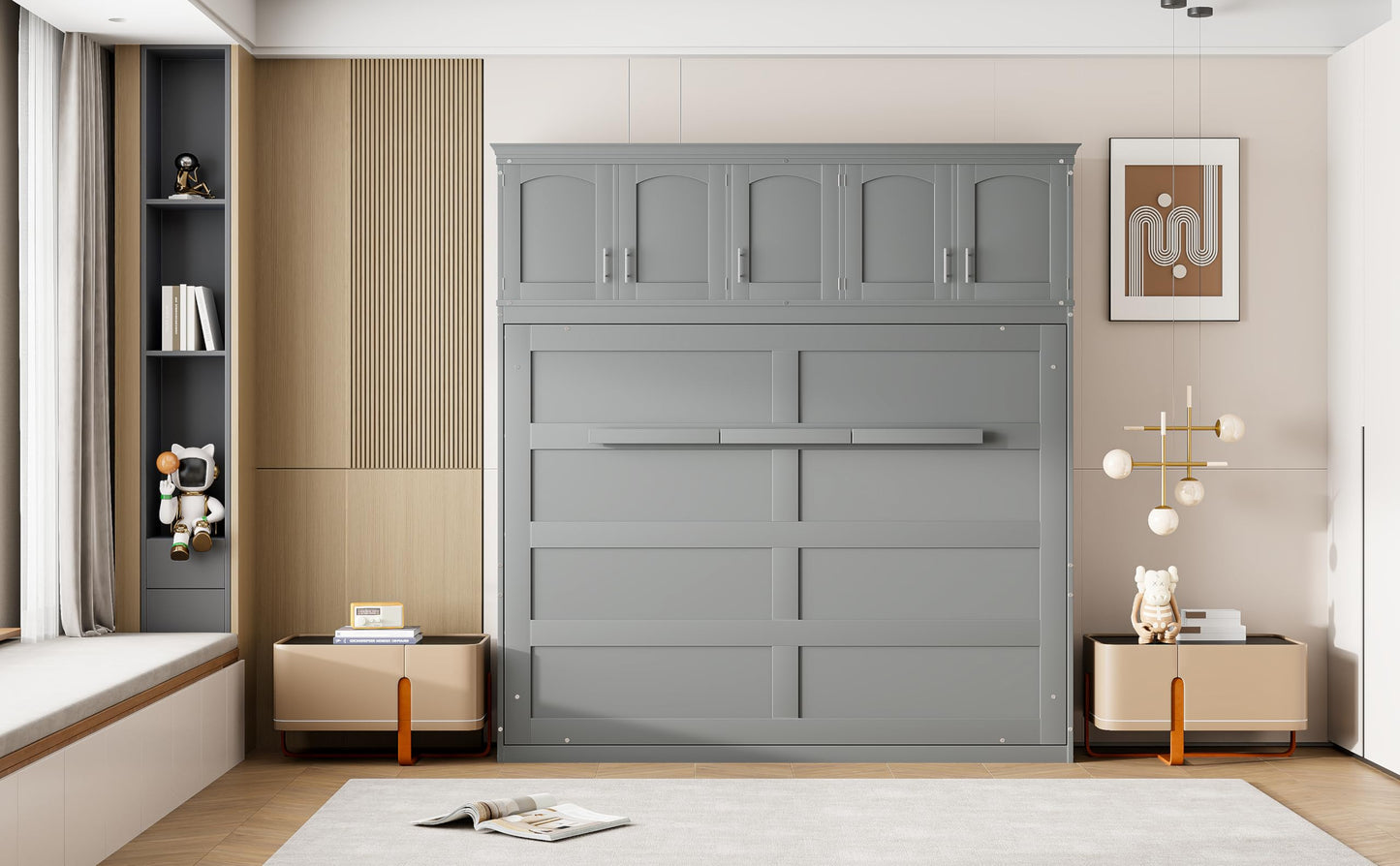 Favfurish Full Size Murphy Bed Wall Bed with Top Cabinets,Hidden Platform Bed Chest W/Wood Slats Support,Space-Saving,Easy Assembly,for Bedroom,Guest Room,Home,Office,Gray