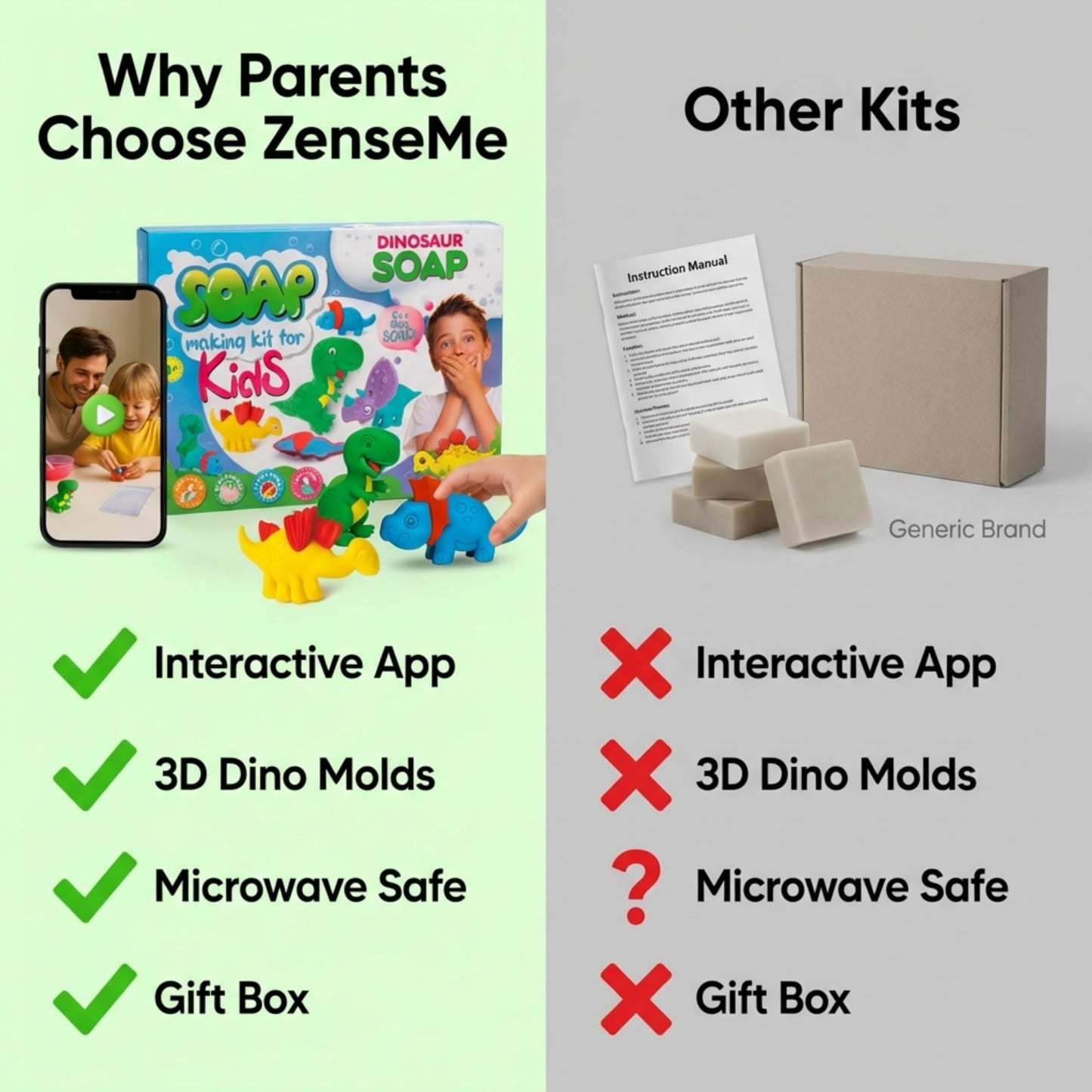 ZenseMe Soap Making Kit for Kids – DIY Soap Making Kit with Dinosaur Soap Moulds (3 Cute Dinosaurs) | Soap Making Supplies for Creative Play & Hygiene - DIY Kits for Kids with Mobile App