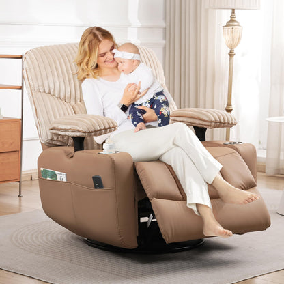 GRAINELL Rocking Chair Nursery, Electric Swivel Recliner Glider with Adjustable Armrests, Nursing Chair with USB Charger, Cup & Blanket Holders, Brown Corduroy & PU Leather