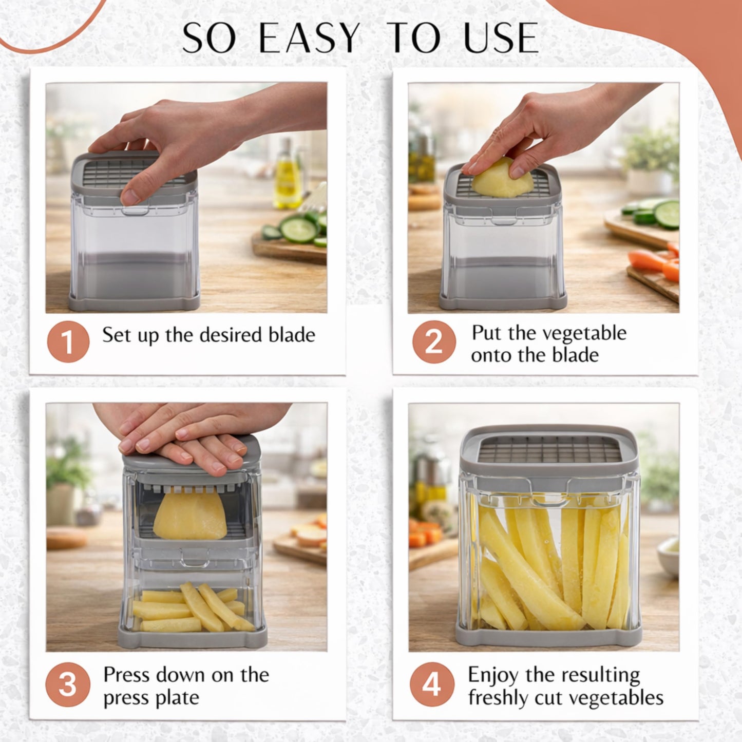 Brieftons PerfectCut Vegetable Chopper: 4-Blade Veggie Dicer Fruit Slicer, Potato French Fry Cutter, Wedge Cutter, Onion Chopper, Egg Slicer with 5 Recipe Ebooks, Safe to Use, Easy to Clean & Store