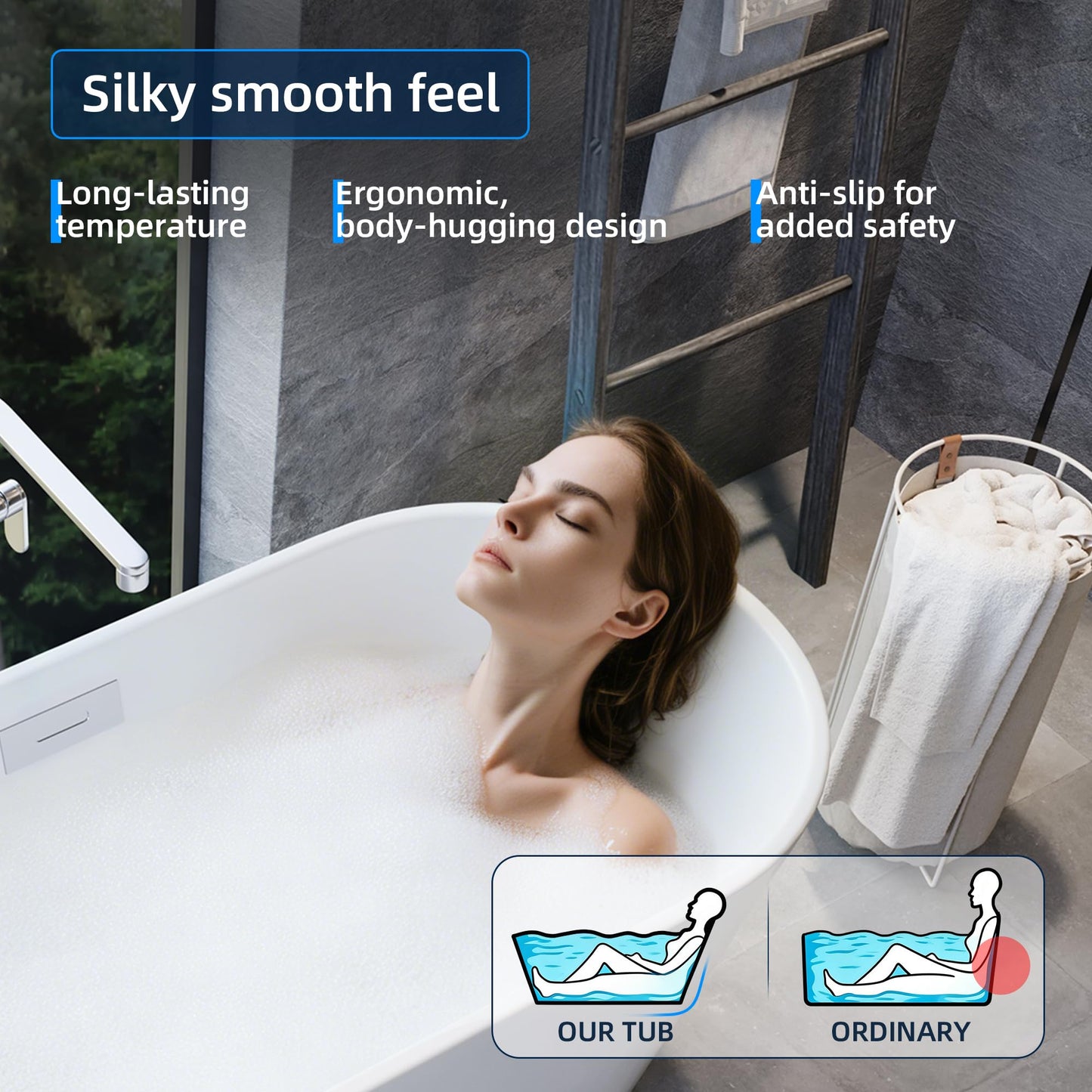 Garvee 59 in Acrylic Freestanding Bathtub - Extra Deep Soaking Tub for Adults, Stand Alone Tub with Integrated Overflow Drain, CUPC Certified Modern Bathroom Tub, White