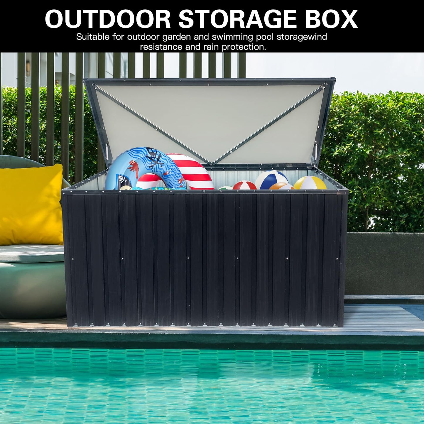 215 Gallon Outdoor Storage Box, Metal Deck Box with Waterproof UV-Resistant and Hydraulic Rod Design for Poolside, Patio, Backyard (Medium)