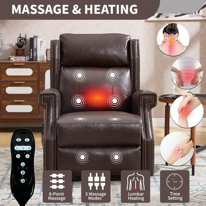 KEIKI Mid Century Modern Oversized Recliner Accent Chair for Adults, Manual Leather Recliner Chair with Back Massager and Heating for Living Room, Rocking Chaise Lounge Chair Indoor, Antique Brown
