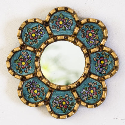 DECORCONTRERAS Artisan Handcrafted Wall Mirror Set, 3 Floral Shape Mirrors, Bronze Finish Frame, Turquoise Purple Beige Glass