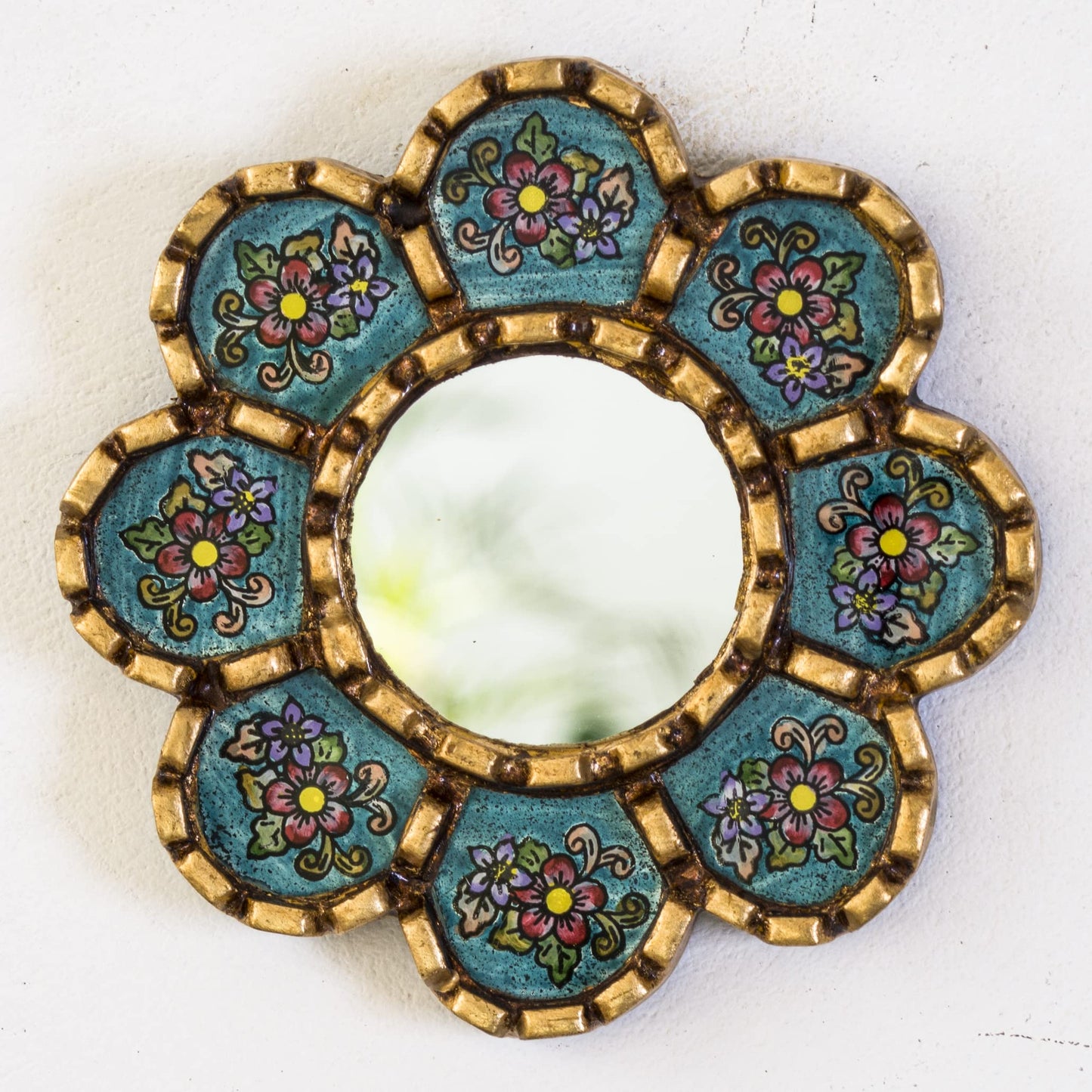 DECORCONTRERAS Artisan Handcrafted Wall Mirror Set, 3 Floral Shape Mirrors, Bronze Finish Frame, Turquoise Purple Beige Glass