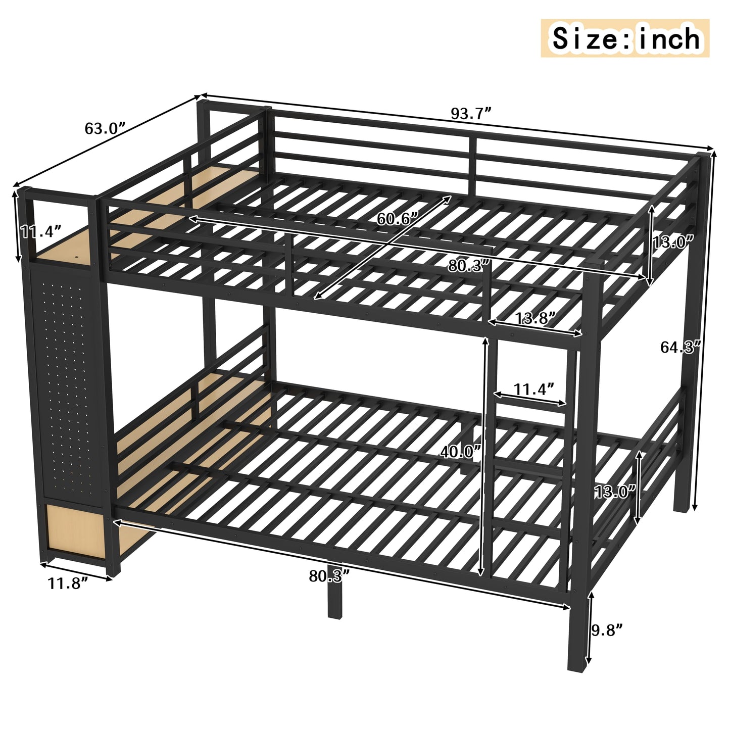 Bellemave Bunk Bed Queen Over Queen,Metal Bunk Bed with Shelf and Guardrails,Queen Bunk beds with Storage Drawers and Clothes Hooks for Kids, Teens & Adults（Black）
