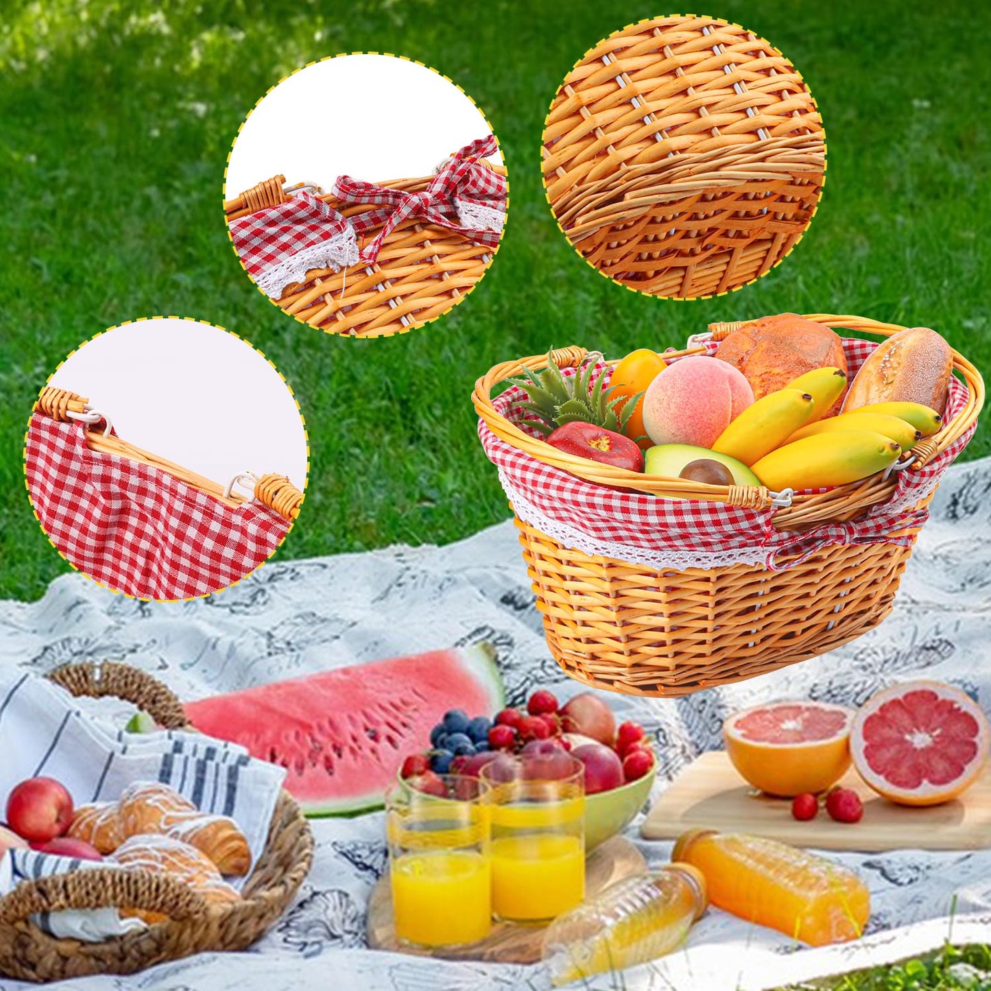 Geytetqi 1 Pack 14.2 Inch Natural Wicker Basket with Checkered Lining, Oval Wicker Woven Basket with Handle, Willow Woven Picnic Baskets for Picnic, Camping, Party(Large)