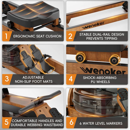 Water Rowing Machine for Home Use, WENOKER Foldable Wooden Rower Machine with Adjustable Monitor & Bluetooth APP, Large Water Tank & Comfortable Seat for Immersive Water Rower, 350LBS Weight Capacity