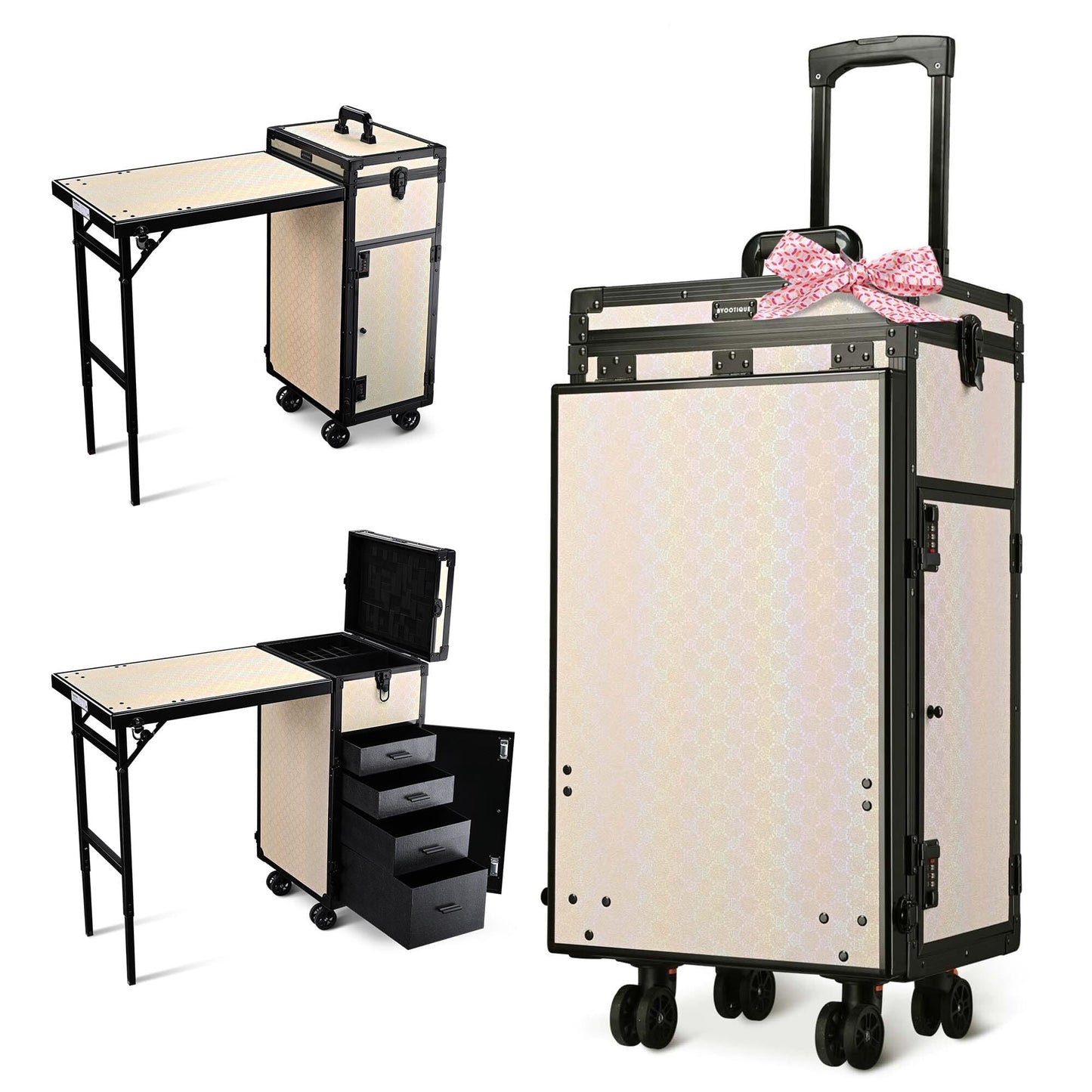 BYOOTIQUE Rolling Manicure Table Nail Station with Handle Foldable Nail Table Rolling Makeup Case with 4 Drawers Traveling Manicure Case on Wheels for Nail Tech, ForgetMeNot Apricot