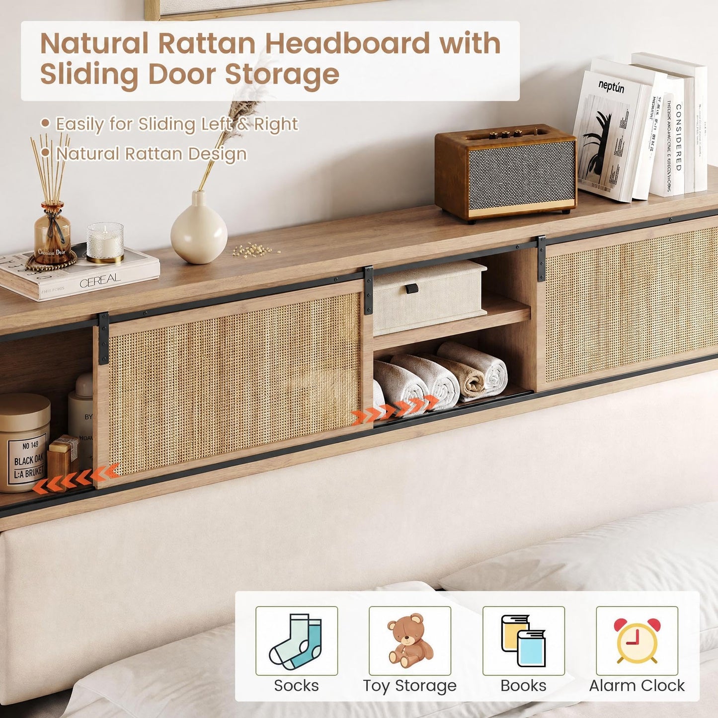 GarveeHome Queen Size Solid Wood Bed Frame with Storage Headboard, Rattan Upholstered Bookcase Headboard with Sliding Doors & Charging Station, No Bos Spring Needed