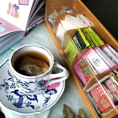 RRRICO Bamboo Tea Box with Clear Acrylic Lid – Tea Bag Organizer for Drawer Cabinet or Counter Tea Storage Box for Herbal Tea, Sugar Packets, Coffee Station Kitchen Tea Organizer with Compartments