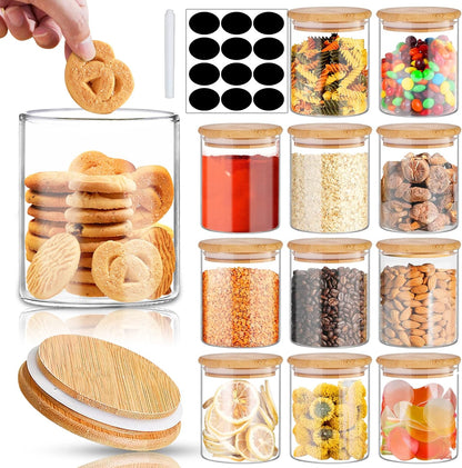 16 oz, 12pcs SLifeJars - Glass Jars with Bamboo Lids Glass Food Storage Jars with Rewritable Labels, Bamboo Lid Jar