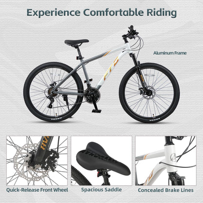 AVASTA 26-inch Mountain Bike for Man Male and Woman Female Adult with Lightweight Aluminum Alloy Frame and Dual Disc Brakes,Front Suspension,21-Speed Gear Shifters,Hidden Brake Cables,Golden