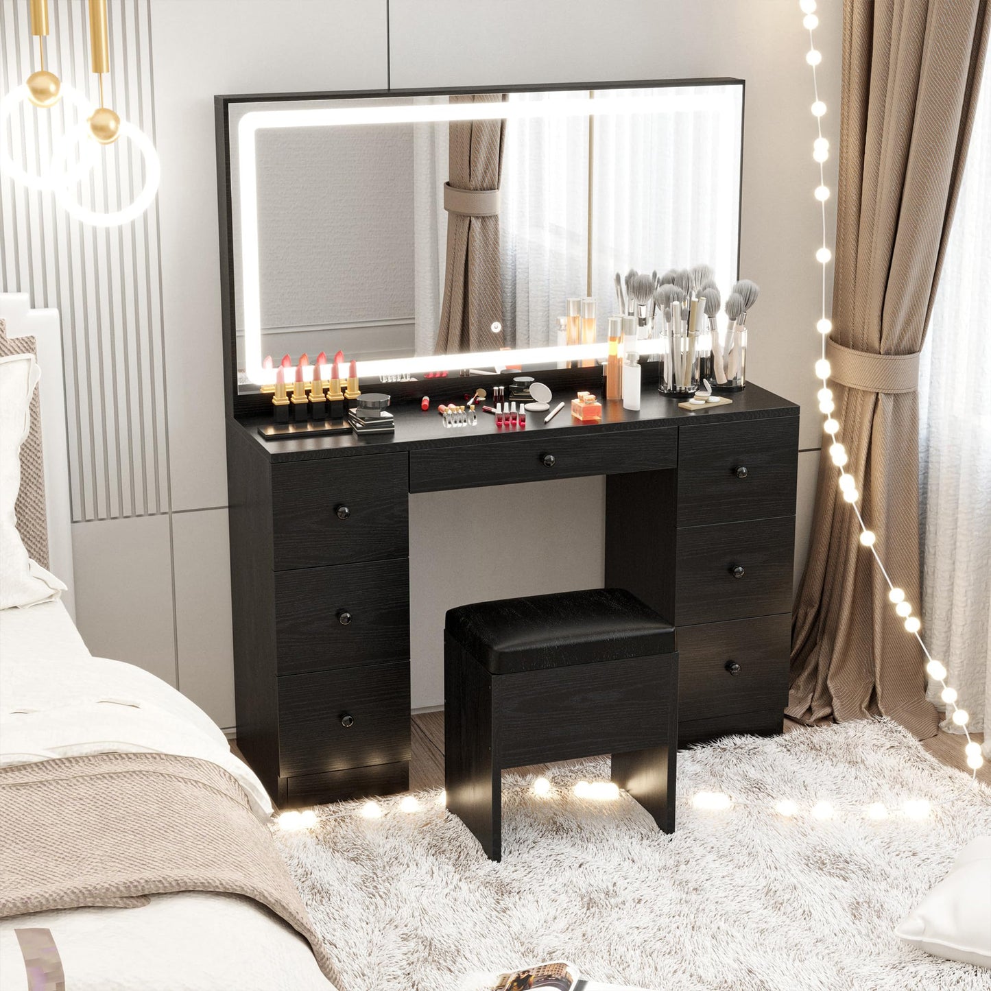 IRONCK Vanity Makeup Desk Set with LED Lighted Mirror & Power Outlet, 7 Drawers Bedroom Vanities Table with Stool,Black