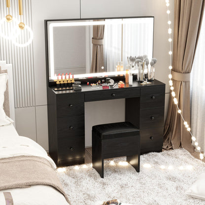 IRONCK Vanity Makeup Desk Set with LED Lighted Mirror & Power Outlet, 7 Drawers Bedroom Vanities Table with Stool,Black