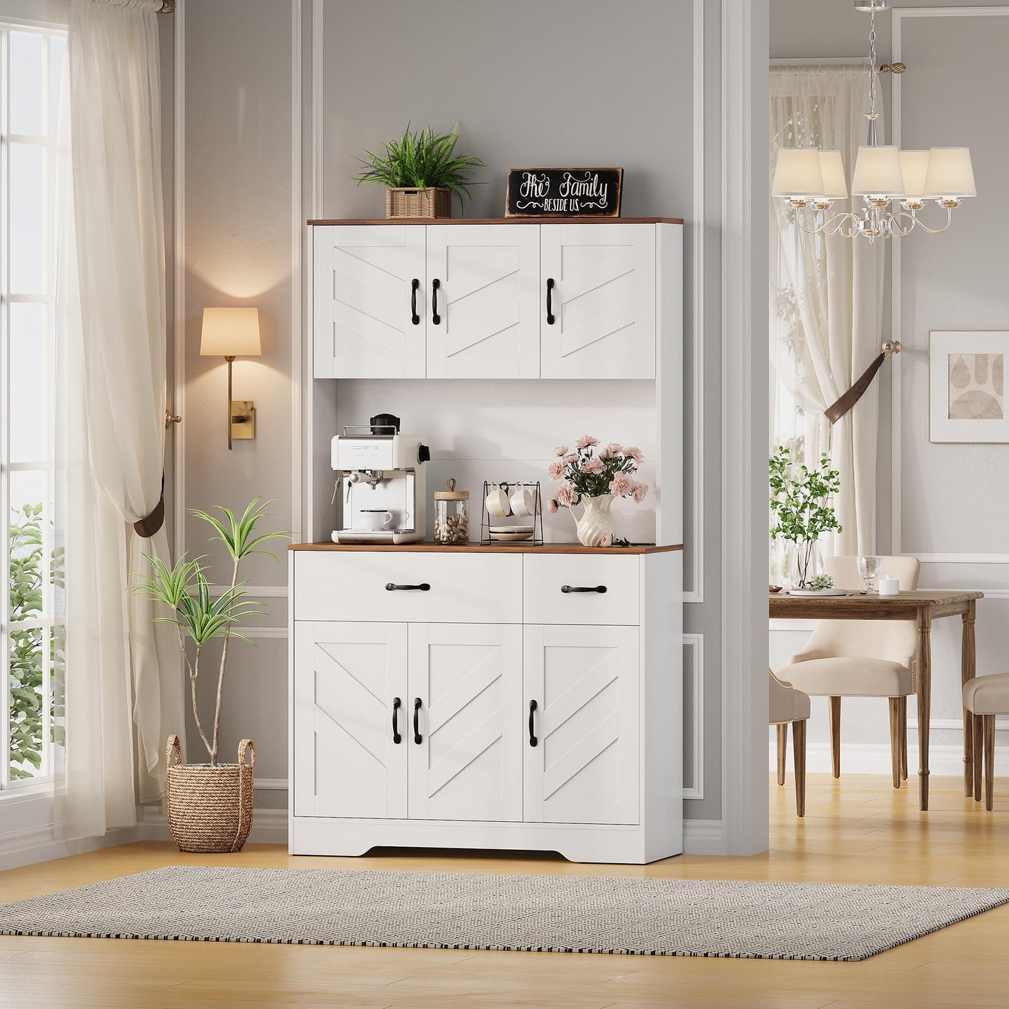IDEALHOUSE 71" Kitchen Pantry Storage Cabinet with Charging Station, Farmhouse Kitchen Hutch Cabinet with 2 Storage Drawers, Large Food Pantry with Microwave Stand for Dining Room,Living Room,White