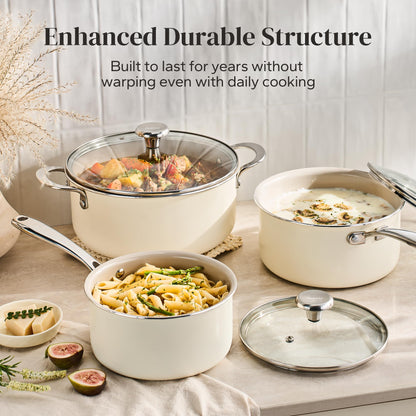 Redchef Cooking Pot Set Induction 5Qt, Saucepan Set 2.5/3.5Qt Nonstick Ceramic Cookware Set, Compatible All Cooktops, Even Heat, Stay-Cool Handles, Oven/Dishwasher Safe, PTFE PFAS Free (Beige)