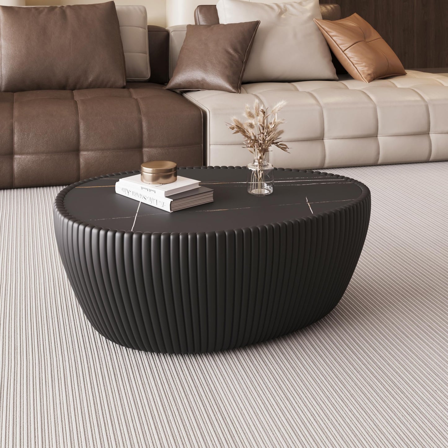 GDFStudio Goose Egg Shaped Marble Top Coffee Table with Microfiber Leather Frame, Modern Small Side Table with MDF Base, Unique Desktop Textures Tea Tables for Living Room Bedroom Office, Black