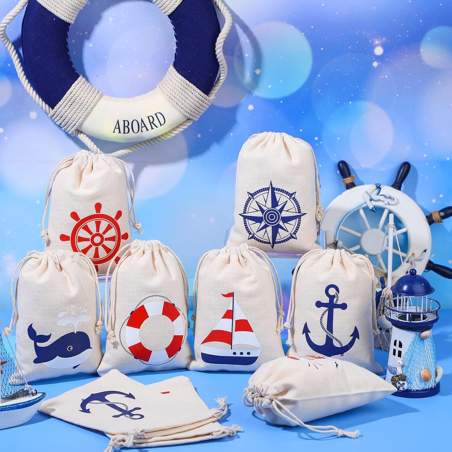24 Pack 7 5 inch Shellwei Nautical Gift Bags Cotton Nautical Anchors Drawstring Bags Themed Favor Boat Goodie x