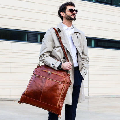 Time Resistance Leather Garment Bag - Slim Carry-On Suit Carrier for Dress Protection (Cognac Brown)