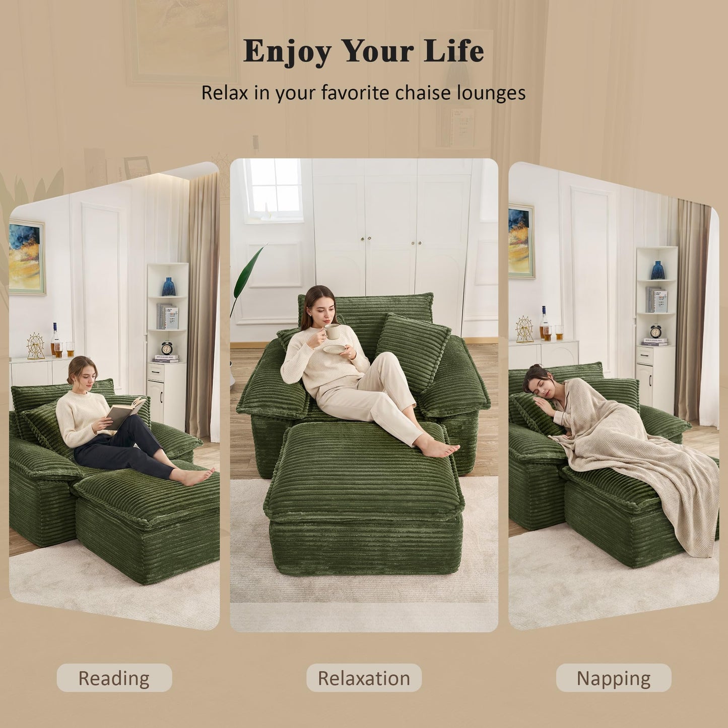 KEIKI 63" Oversized Lounge Sofa Chair with Ottoman, Deep Seat Cloud Couch Bed, Modular 1-Seater Sectional Sleeper Sofa, No Assembly Corduroy Couch for Reading Nook & Cozy Corner